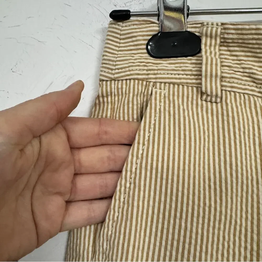 J Crew Tan White Stripe Seersucker Cropped Trouser Pants Womens 0 Beach Nautical